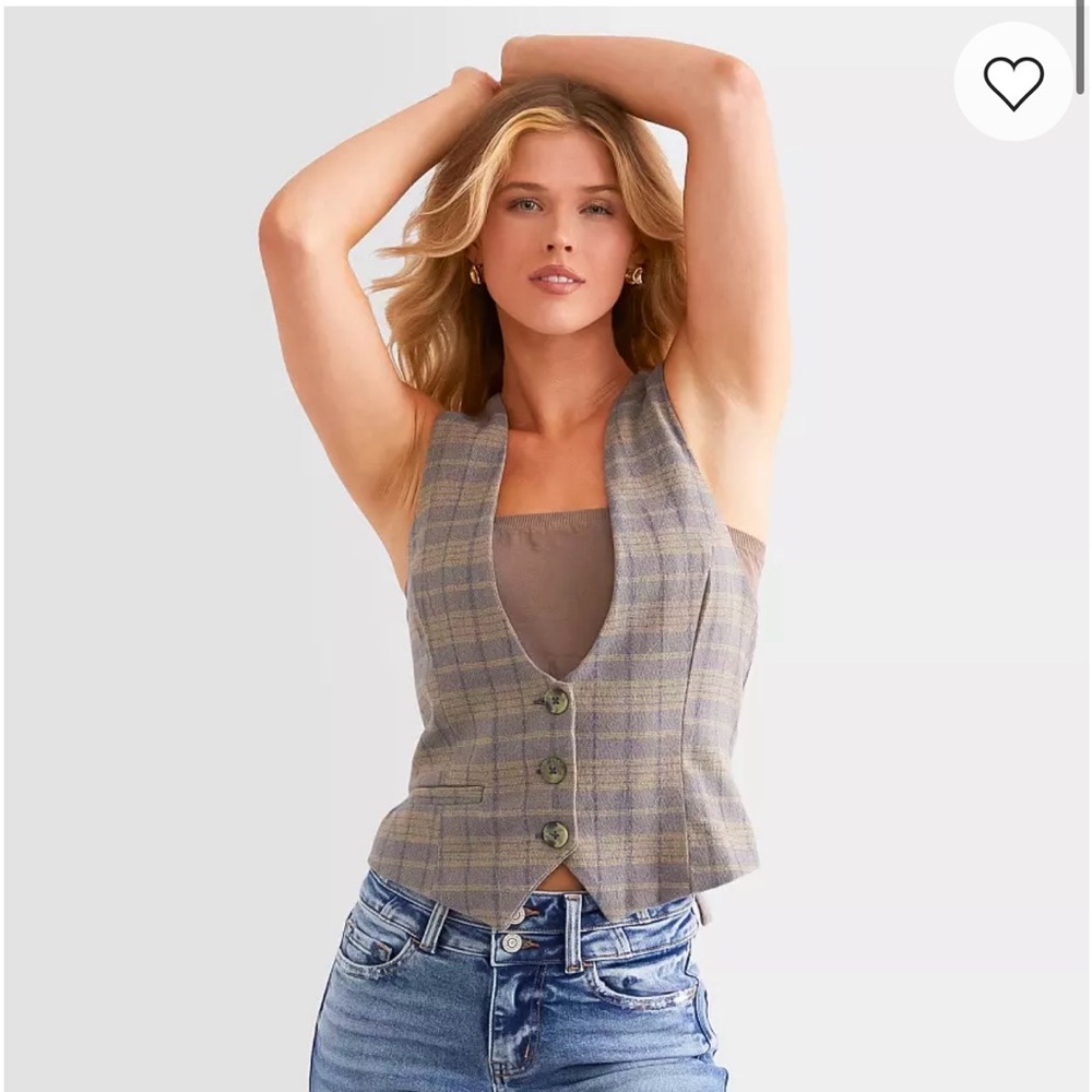 Plaid Button-Front Vest Top in Taupe - Free People - NWT - SZ SM - Free People
